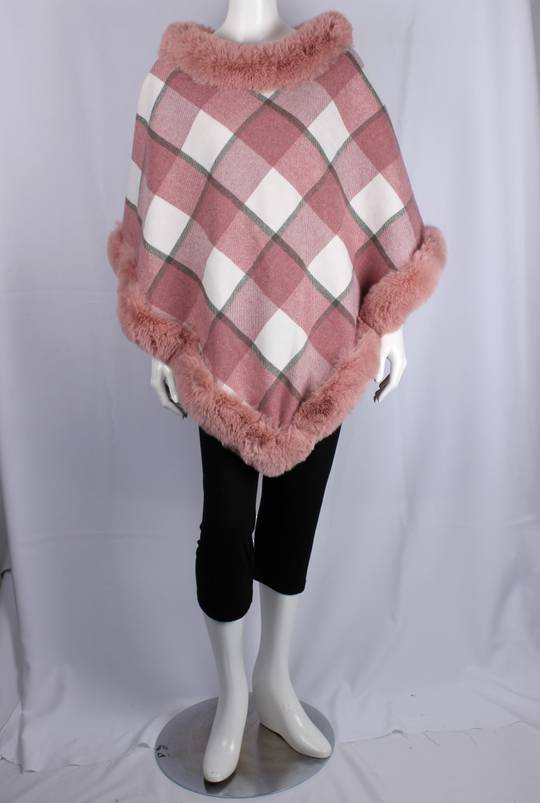 ALICE & LILY plaid poncho with faux fur trim pink SC/5075